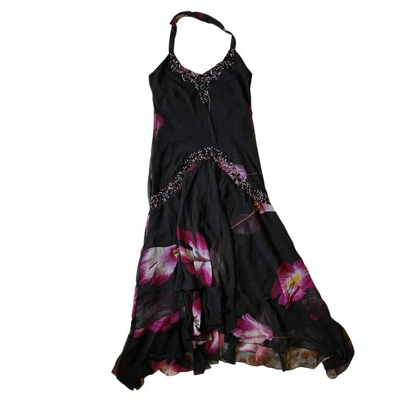 Midnight Velvet Halter Chiffon Beaded Midi Dress - Picture 2 of 12